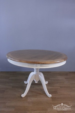 Mesa de jantar Aranha, base branco provençal, tampo natural, entalhe Bali